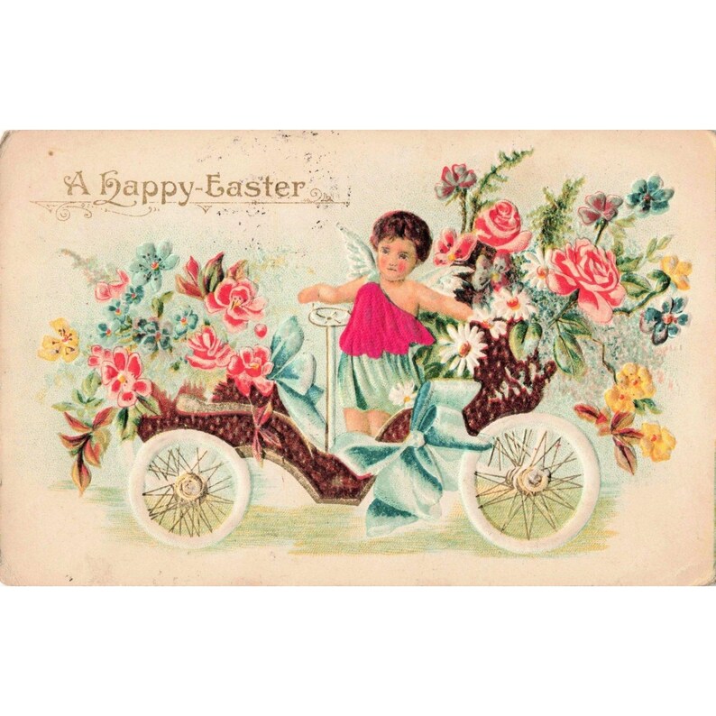 Vtg 1908 Embossed Easter Postcard Cherub Flower Car Made in Austria RPPC image 1