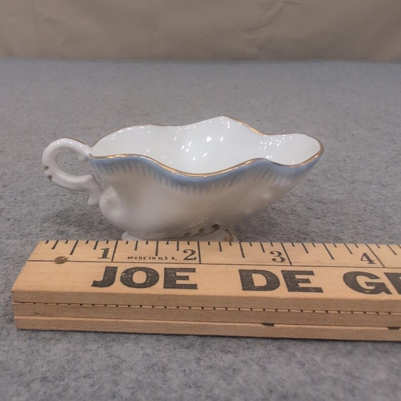 VA Portugal Miniature Porcelain Gravy Boat White Blue Gold Gilt Trim VG+ image 4