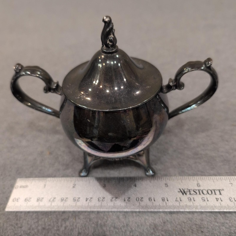 Vintage Silver Plated Footed Sugar Bowl with Lid Ornate Handles Tarnish Decor image 10