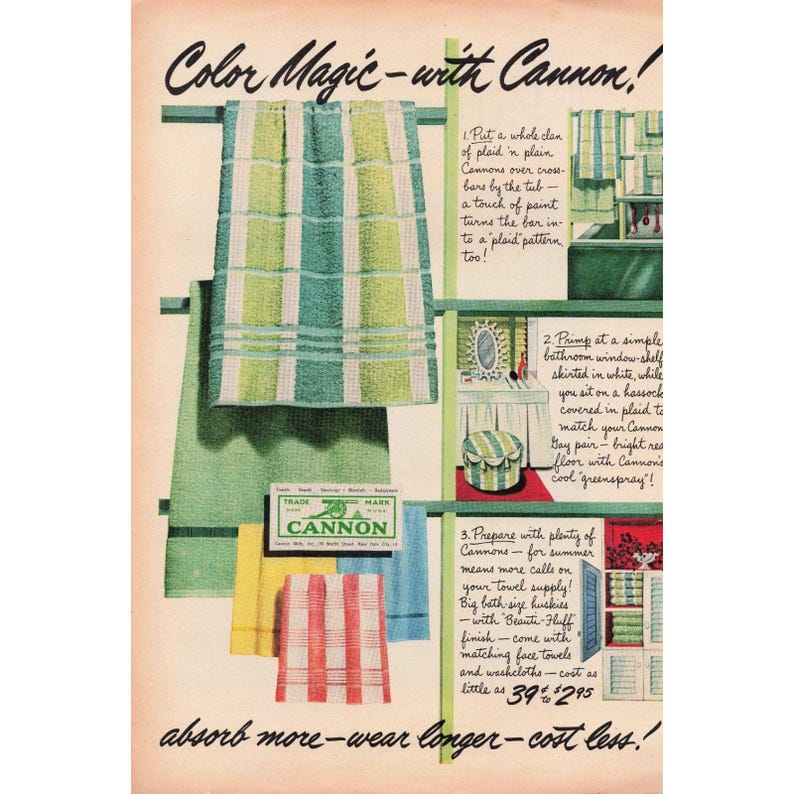 Vintage Cannon Towels Print Ad Color Magic Plaid Mid Century Decor Lata 50. XX wieku zdjęcie 1