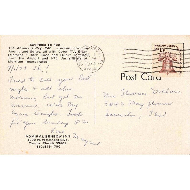 Vintage Admiral Benbow Inn Postcard Tampa Florida Night View 1977 Postmark image 2