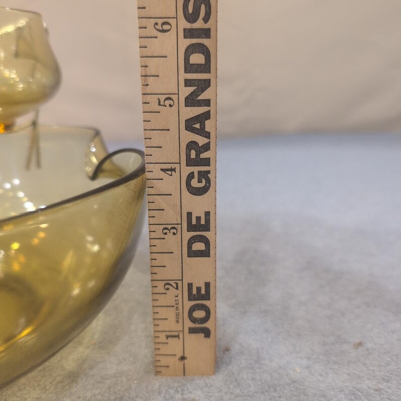 Vintage MCM Smoked Olive Green Glass Ruffled Chip and Dip Set with Metal Bracket image 5