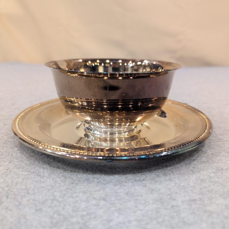 Oneida Silverplate Sherbet Tasse und Unterteller Set Perlenrand USA Vintage Bild 4