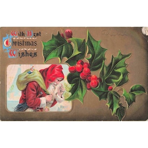 Antike, geprägte Weihnachtskarte mit Weihnachtsmann und Stechpalmenbeeren, geteilte Rückseite, sehr guter Zustand Bild 1
