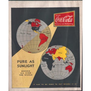 Vintage Coca-Cola printadvertentie "Pure as Sunlight" met wereldkaart (7,6 x 9,4 inch). afbeelding 1