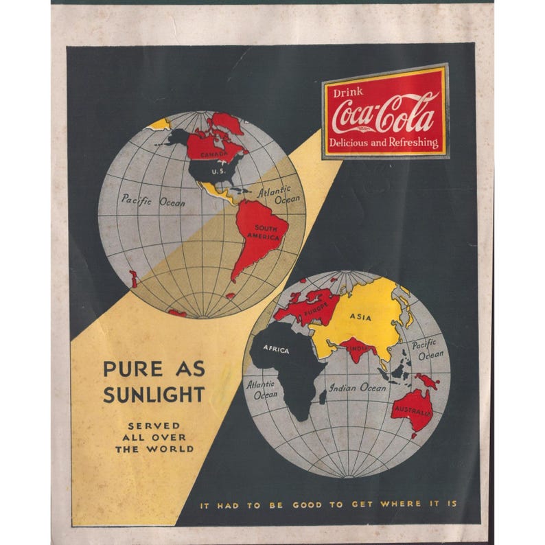 Vintage Coca-Cola printadvertentie "Pure as Sunlight" met wereldkaart (7,6 x 9,4 inch). afbeelding 1