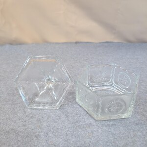 Vintage Clear Pressed Glass Hexagonal Trinket Box American Eagle Star Motif Lid image 7
