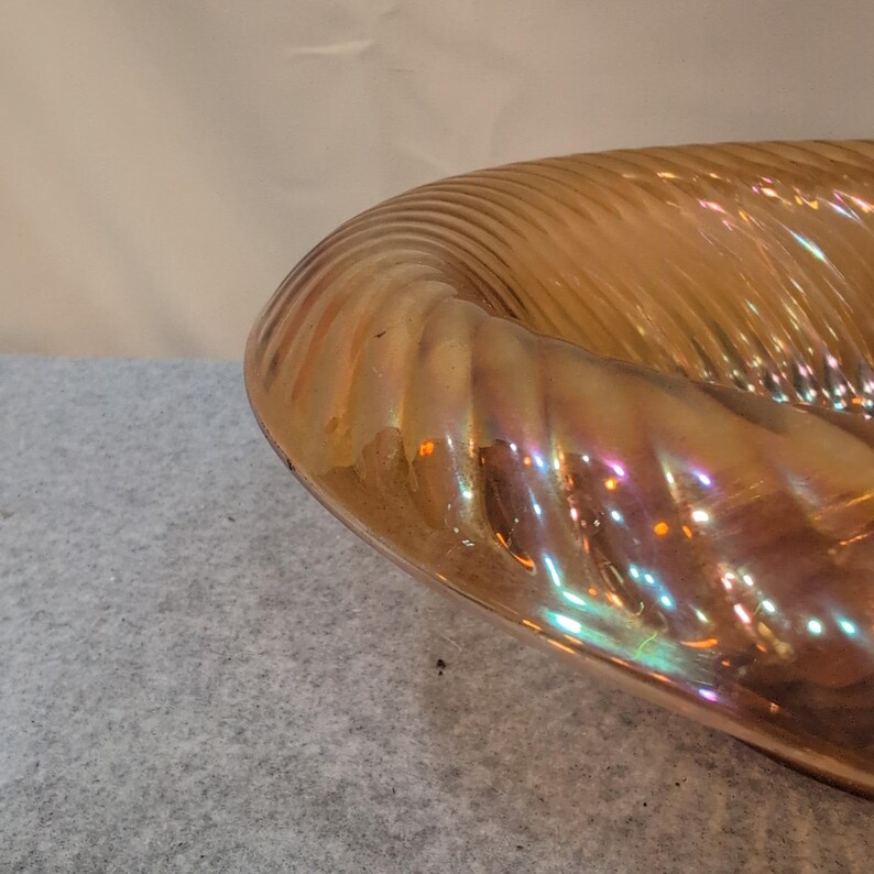 Vintage Marigold Iridescent Carnival Glass Swirl Ribbed Decorative Bowl image 6