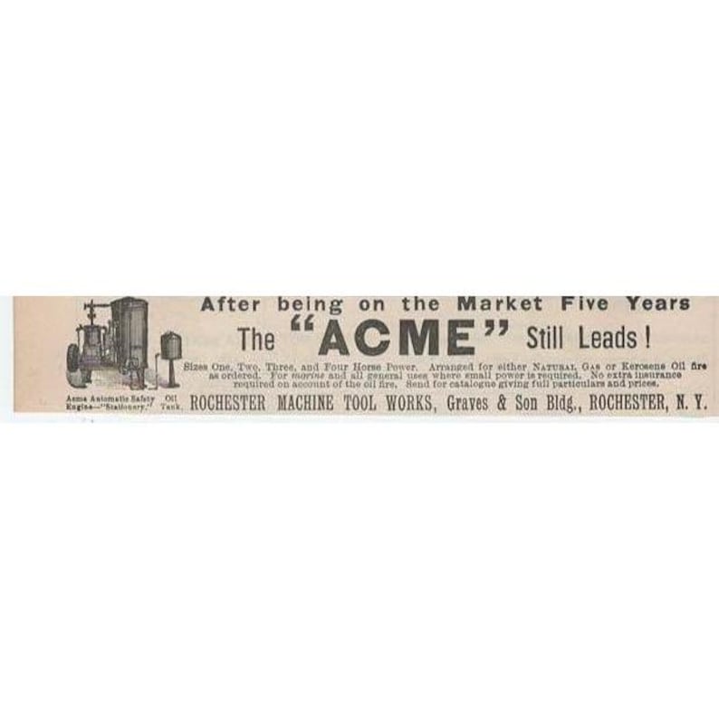 VTG Acme Automatischer Sicherheitsölmotor Stationär Rochester NY - 1892 Print Ad Bild 1