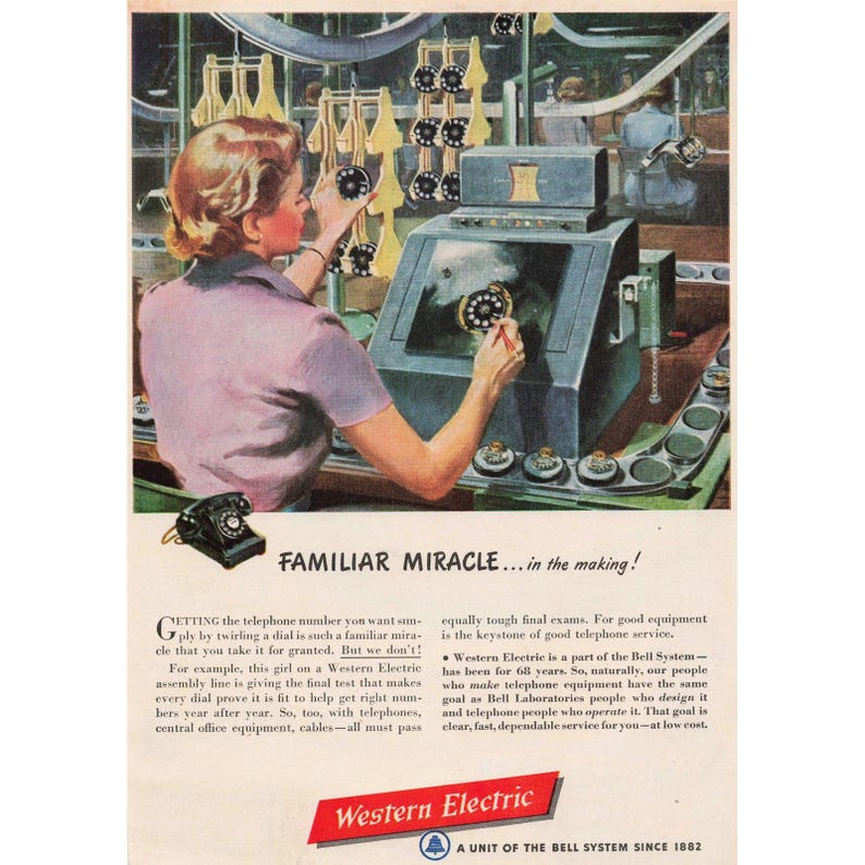 Pubblicità vintage degli anni '50 del sistema telefonico a disco della Western Electric Bell. immagine 1