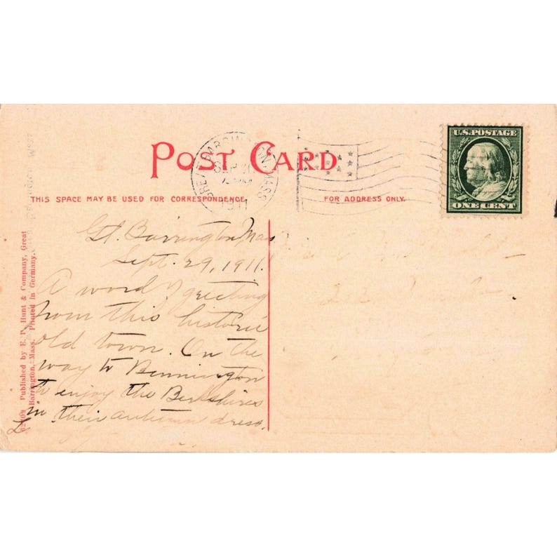 Historische Postkarte von 1911: Denkmal am Indian Fordway, Great Barrington, Massachusetts Bild 2