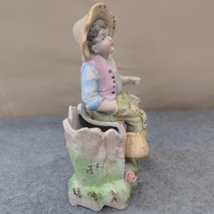 Vintage Boy Sitting on Tree Stump Figurine Planter Vase Porcelain Floral Japan image 3