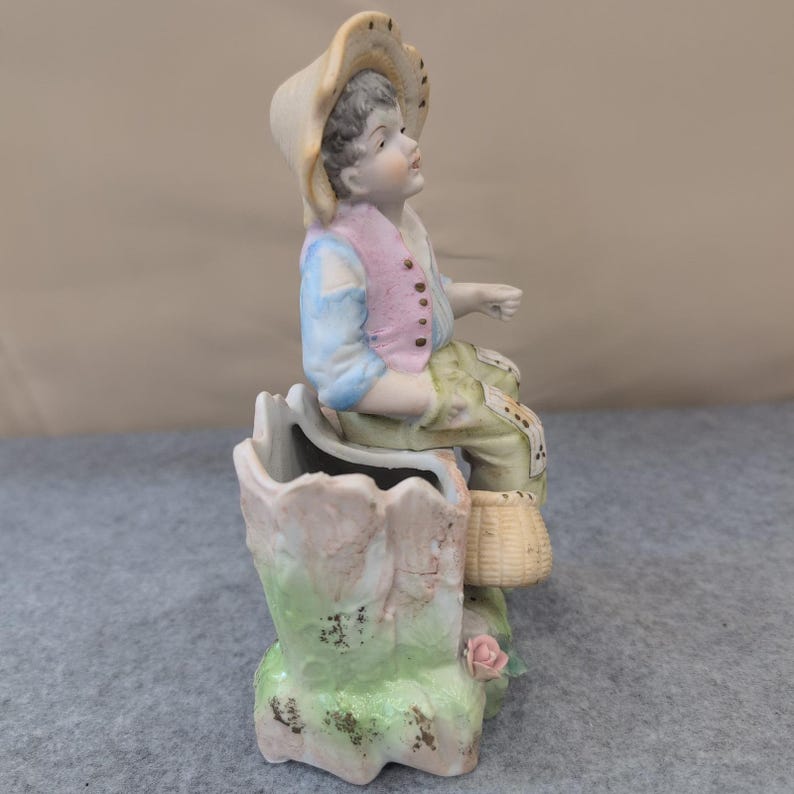 Vintage Boy Sitting on Tree Stump Figurine Planter Vase Porcelain Floral Japan image 3