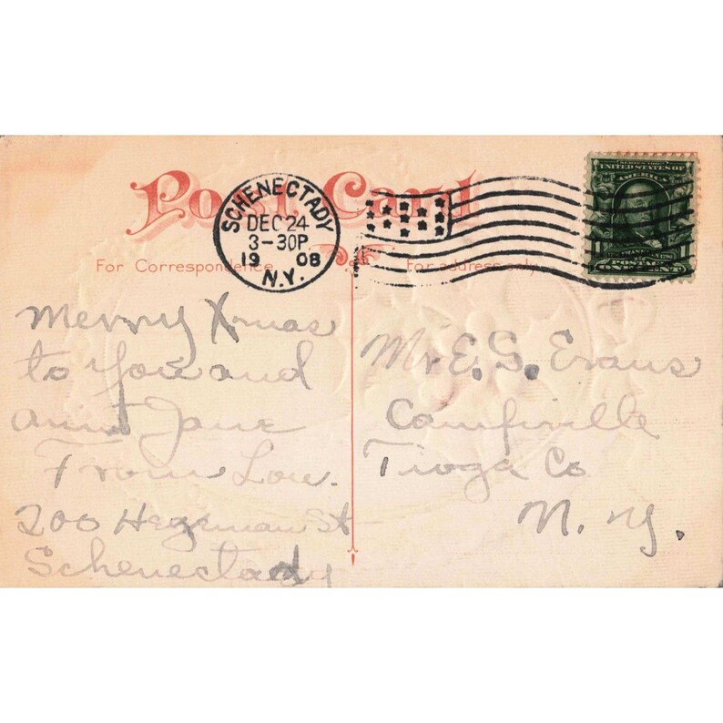 Postal navideña antigua de 1908 con corona de acebo en relieve, Schenectady, NY, VG- imagen 2