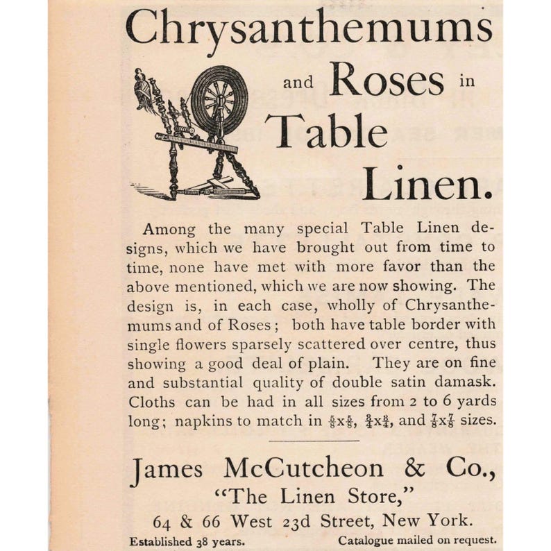 1891 James McCutcheon & Co Table Linen Chrysanthemums Roses Damask Print Ad image 1