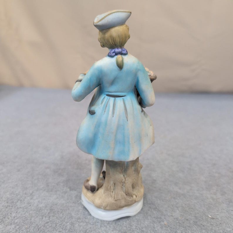 Vintage Hand Painted Porcelain Colonial Man Figurine with Flower Basket Blue image 2