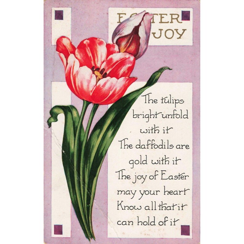 Vintage Whitney Made Easter Joy ansichtkaart RPPC Tulpen reliëf verdeelde achterkant afbeelding 1
