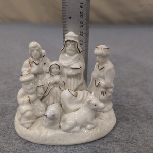 White Ceramic Nativity Scene with Gold Trim Small Christmas Figurines Set image 3