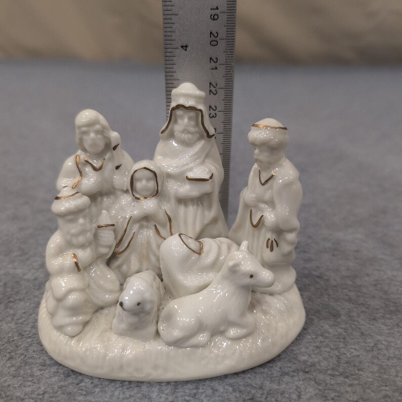 White Ceramic Nativity Scene with Gold Trim Small Christmas Figurines Set image 3
