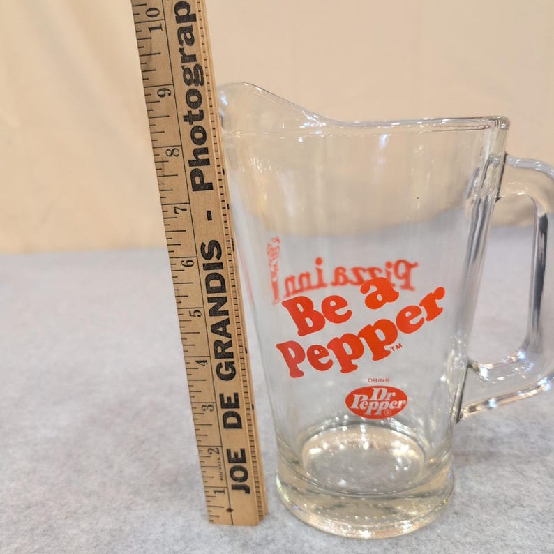 Vintage Dr Pepper Pizza Inn Be a Pepper Glass Pitcher Red Logo Advertising image 3