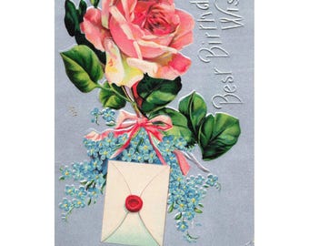 Carte postale vintage « Meilleurs vœux d'anniversaire » en relief, motif roses myosotis B67