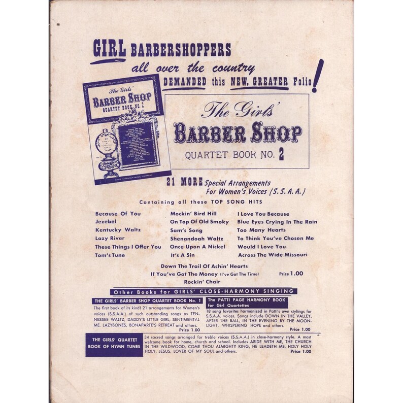 Vintage The Girls Barber Shop Quartet Book No 4 SSAA Sheet Music Chas H Hansen image 2