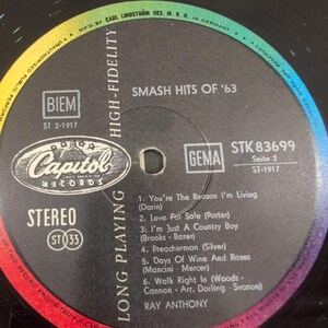 Ray Anthony Smash Hits of '63 Vinyl LP Capitol STK 83699 German Import Jazz Pop image 4