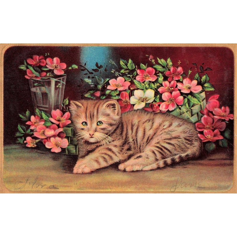 Vintage-Postkarte, getigertes Kätzchen, rosa Blumen, geteilte Rückseite, unfrankiert, 663 A Logo Bild 1