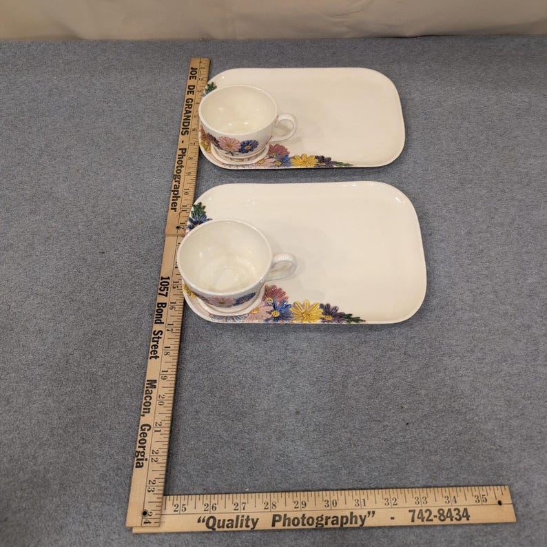 Vintage Aurillia Hand Painted Floral Ceramic Snack Set Cup and Tray 4pc VG image 3
