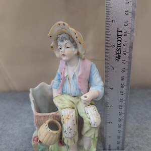 Vintage Boy Sitting on Tree Stump Figurine Planter Vase Porcelain Floral Japan image 2