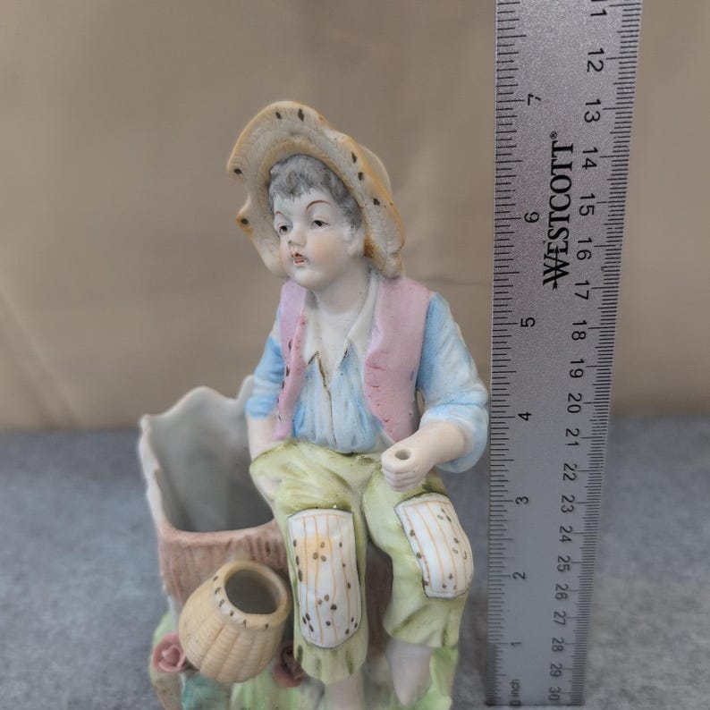 Vintage Boy Sitting on Tree Stump Figurine Planter Vase Porcelain Floral Japan image 2
