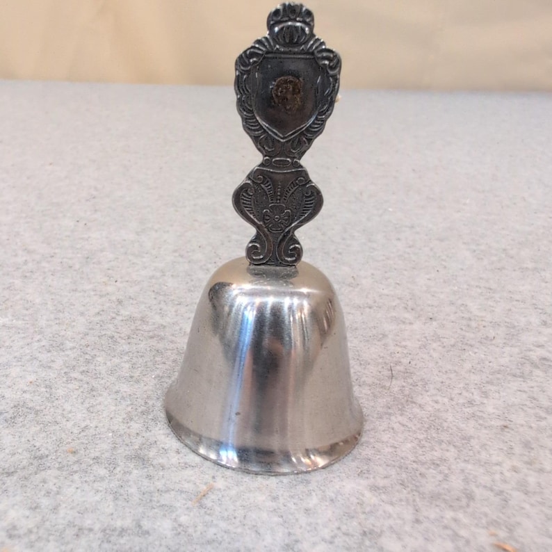 Vintage Silver Tone Ornate Crest Shield Hand Bell Decorative Service Bell image 1