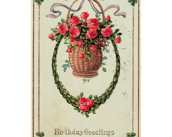 Carte postale ancienne de 1912 pour un anniversaire, ornée de roses et de trèfles en relief, Allemagne (G+)