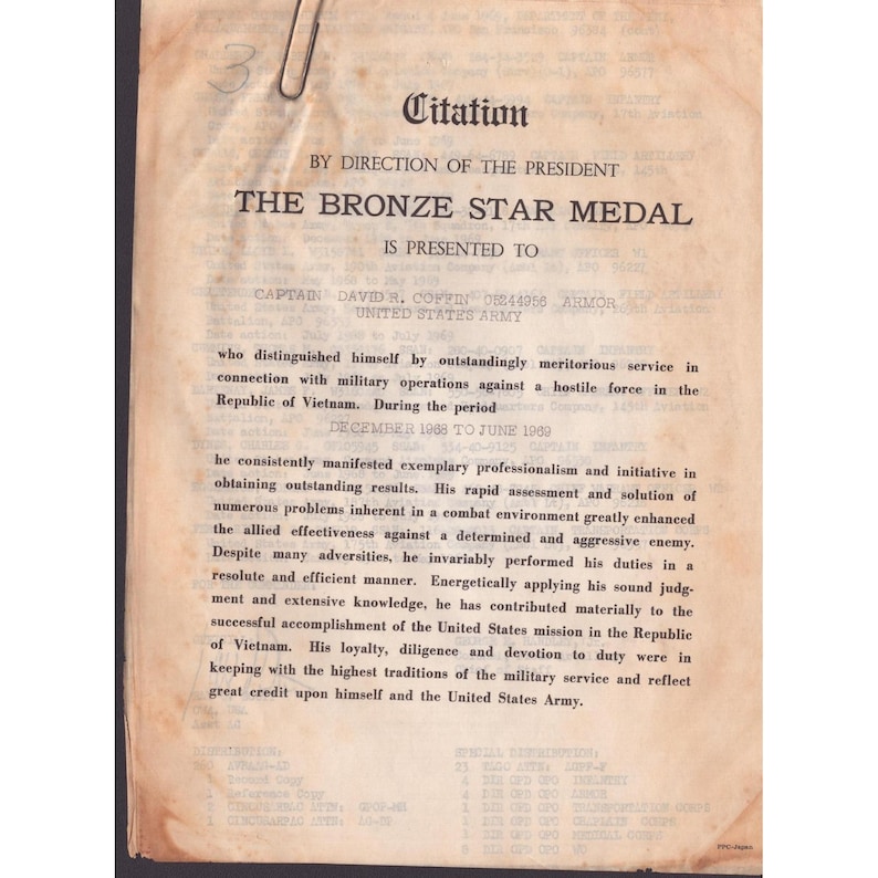 1969 Bronze Star Medal Citation Captain David R. Coffin US Army Vietnam War image 1