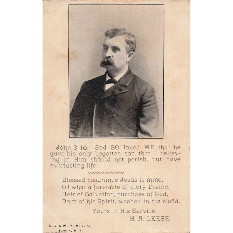 Carte religieuse ancienne H. A. Leese YMCA Elmira NY, portrait, cantique Jean 3:16, très bon état image 1