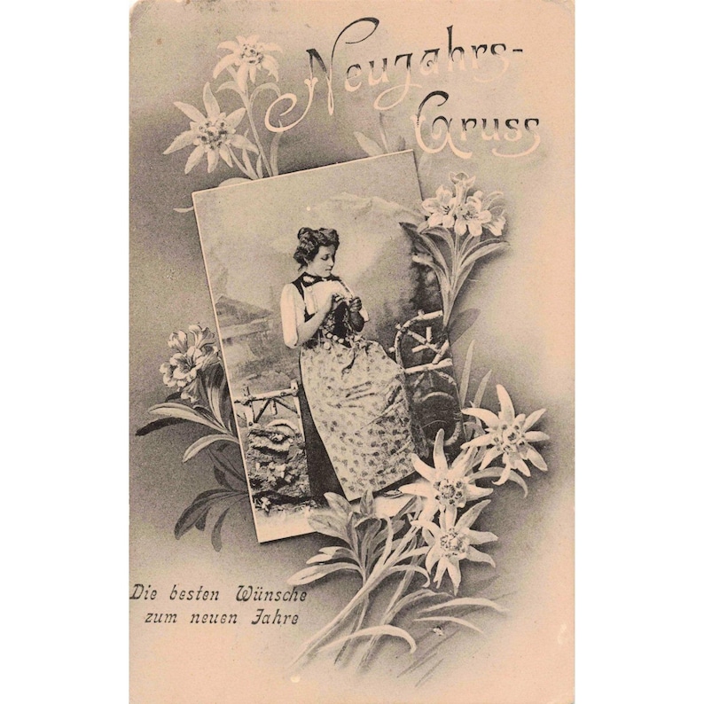 Antique 1907 Swiss Postcard Neujahrs-Gruss Edelweiss Woman Steffisburg RPPC image 1