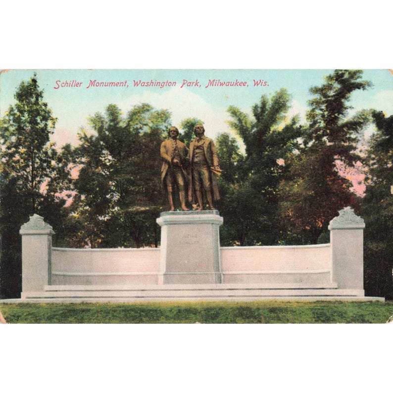 Milwaukee Wis Schiller Goethe Monument Vtg Postcard Washington Park Germany image 1