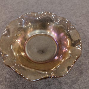 Vintage Jeanette Glass Iridescent Floragold Ruffle Edge Bowl Lotus Flower image 2