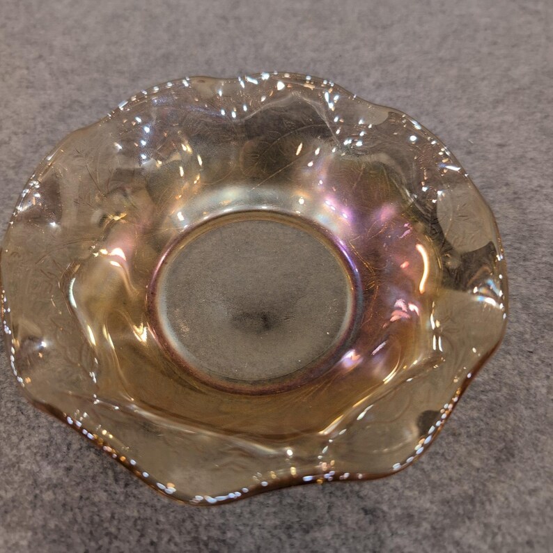 Vintage Jeanette Glass Iridescent Floragold Ruffle Edge Bowl Lotus Flower image 2