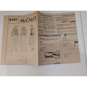 VTG 1979 McCall's Sewing Pattern 6497 Misses Unlined Vest Skirt Pants Size 16 image 6