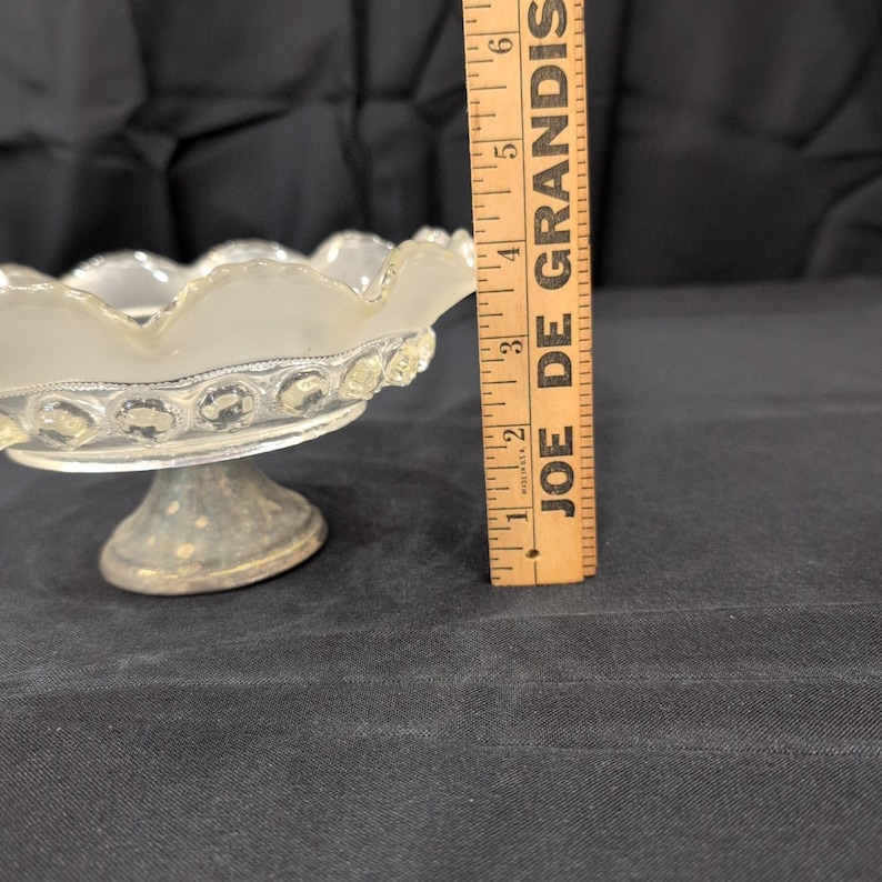 Vintage Frosted Ruffled Glass Compote Bowl Weighted Silver Tone Base image 5