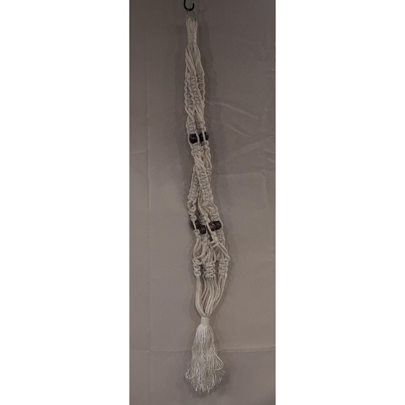 Vintage Macrame Plant Hanger Cream Rope Wood Beads Boho Indoor Outdoor Decor image 1