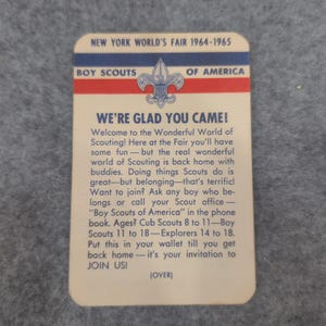 Reclamekaart New York Worlds Fair Boy Scouts Of America 1964-1965 afbeelding 1