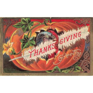 Tarjeta postal de felicitación de Acción de Gracias de 1909, serie n.° 3 con estampado de pavo y calabaza. imagen 1