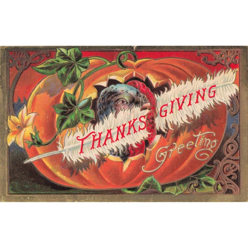 Tarjeta postal de felicitación de Acción de Gracias de 1909, serie n.° 3 con estampado de pavo y calabaza. imagen 1