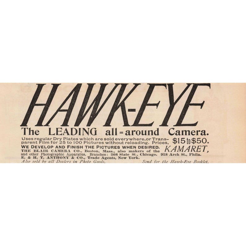 Hawkeye Camera: La cámara líder en todo uso. Anuncio fotográfico vintage impreso. imagen 1
