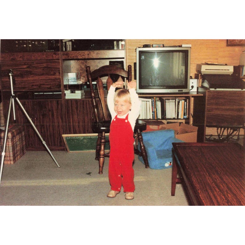 Vintage 1986 Found Photo Child Red Overalls Sony CRT TV 80s Interior Snapshot image 1