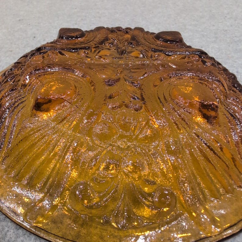 Vintage Amber Glass Divided Relish Dish Peacock Eye Pattern Tab Handle Serving image 8