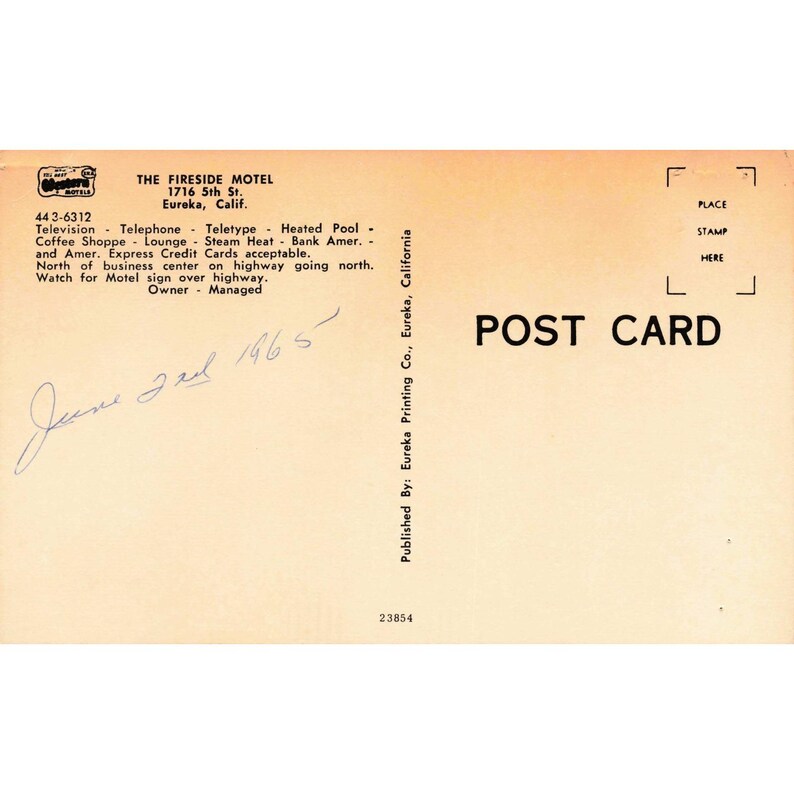 Fireside Motel Eureka California CA Chrome Postcard 1965 Roadside Americana image 2