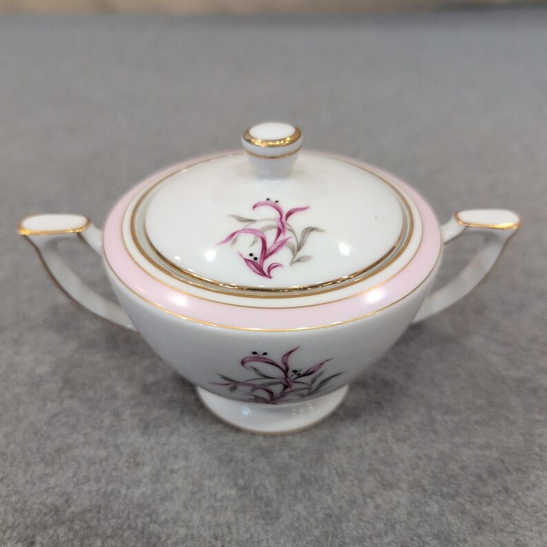 Mikado China Desiree Sugar Bowl with Lid Pink Grey Floral Gold Trim Japan image 2